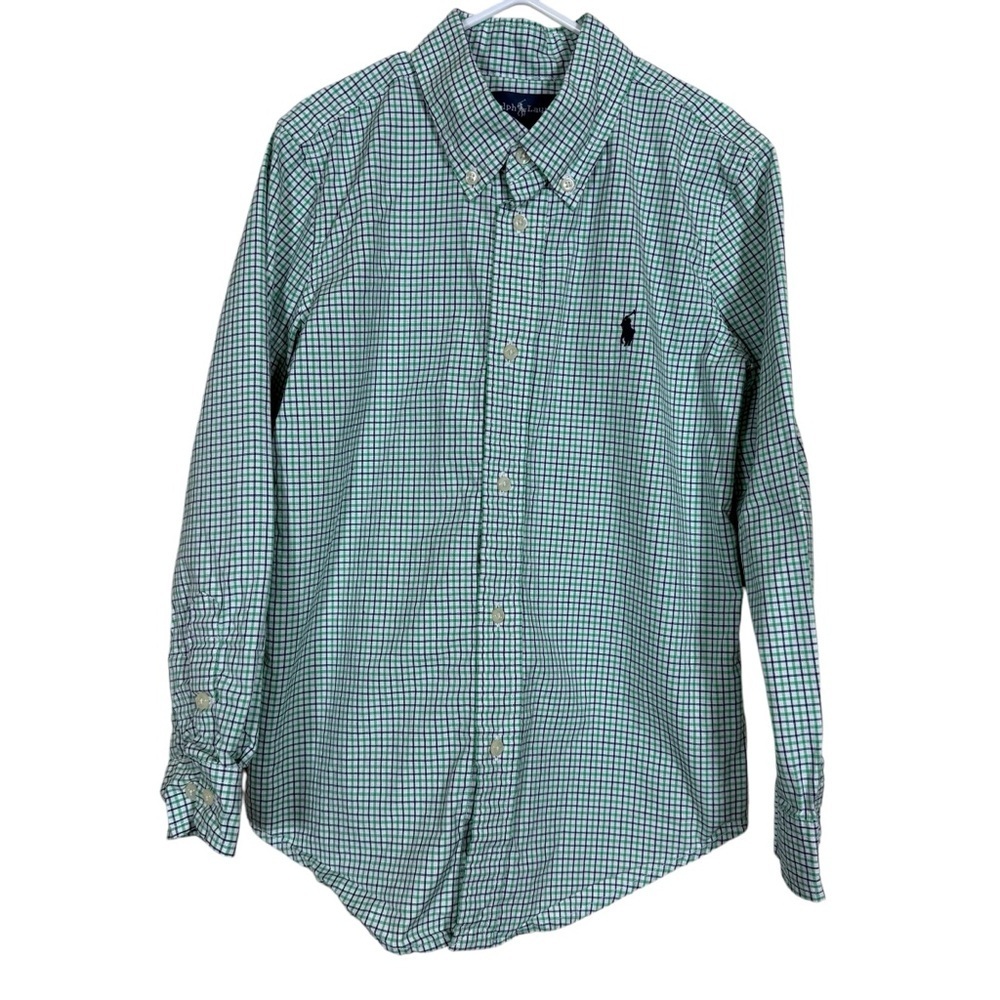 Ralph Lauren Boys Green Blue Plaid Long Sleeve Button Down Shirt Size 6